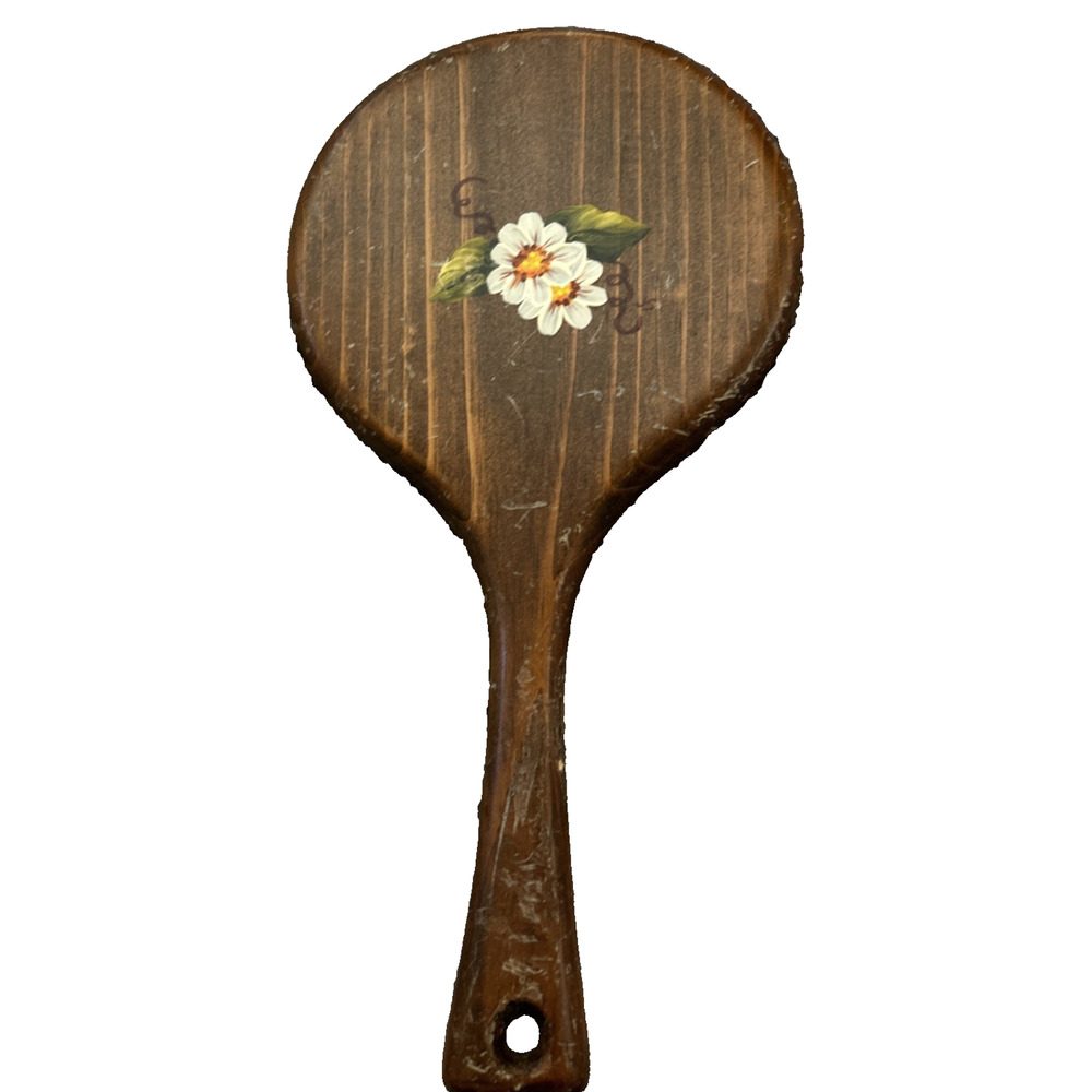 Vintage Wooden Hand Mirror Beveled Handpainted Floral Design MCM Has Scuffs